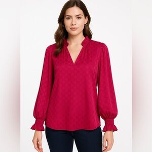 NY Collection Fuchsia Polka Dot Jacquard Ruffle Blouse